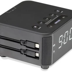 100/240V Multi-Function Audio Alarm ABS Clock with Bluetooth Alarm, Built-in Iphone and Micro & USB-C Cables for Iphone, Ipad, Ipod, and Wireless QI Charging