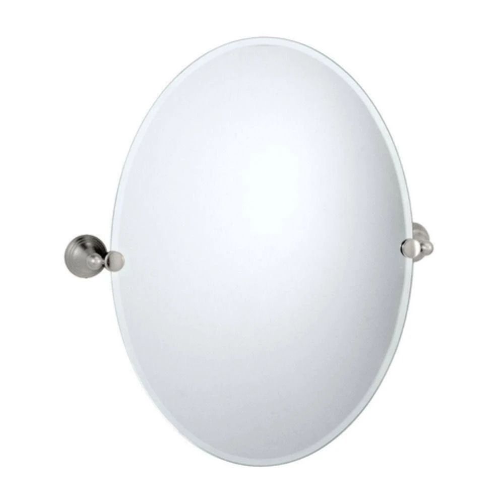 Gatco Charlotte 26-1/2 x 19-1/2 in. Zinc and Chrome Plated Wall Mount Frameless Oval Mirror in Satin Nickel 1 Gatco Charlotte 26-1/2 x 19-1/2 in. Zinc and Chrome Plated Wall Mount Frameless Oval Mirror in Satin Nickel