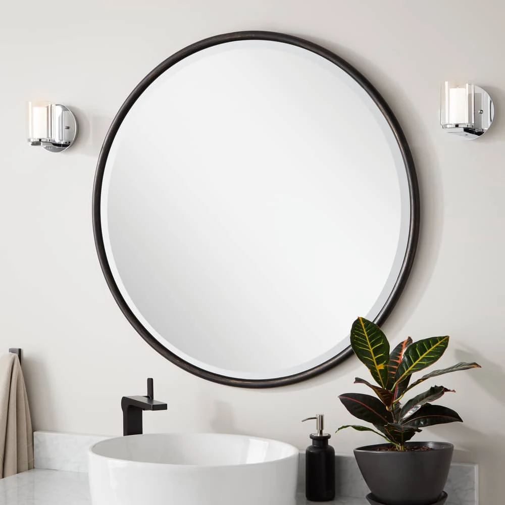 Signature Hardware Sobb 36 x 36 x 7/8 in. Round Decorative Vanity Mirror in Black Powder Coat 1 Signature Hardware Sobb 36 x 36 x 7/8 in. Round Decorative Vanity Mirror in Black Powder Coat