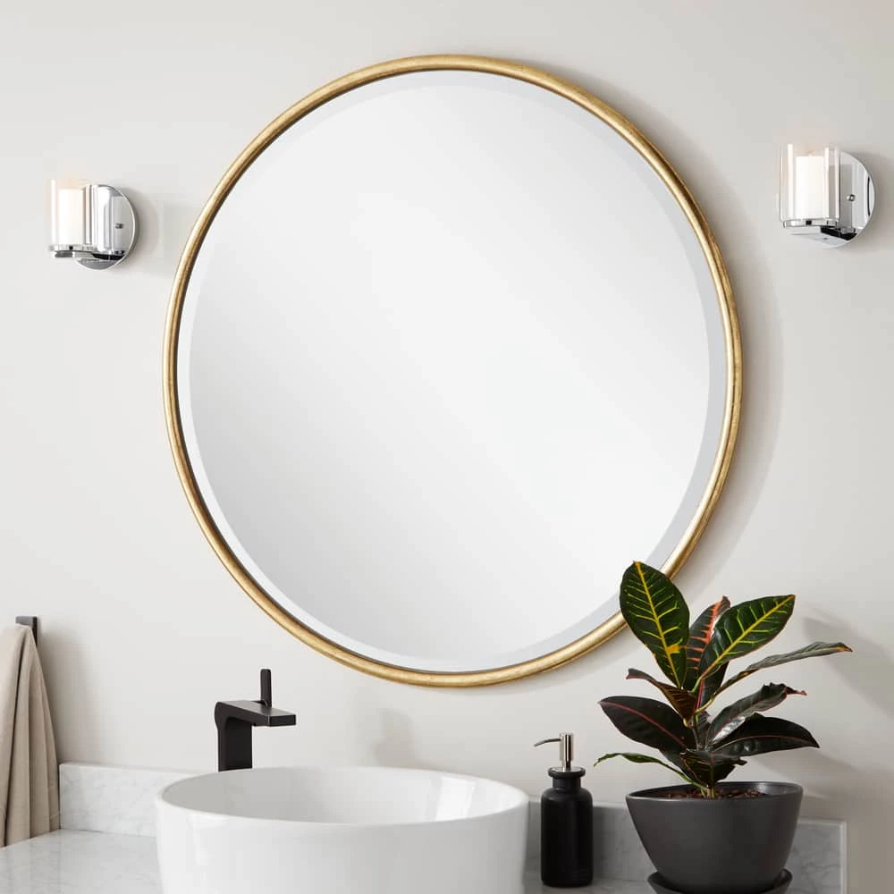 Signature Hardware Sobb 36 x 36 x 7/8 in. Round Decorative Vanity Mirror in Gold Leaf 1 Signature Hardware Sobb 36 x 36 x 7/8 in. Round Decorative Vanity Mirror in Gold Leaf